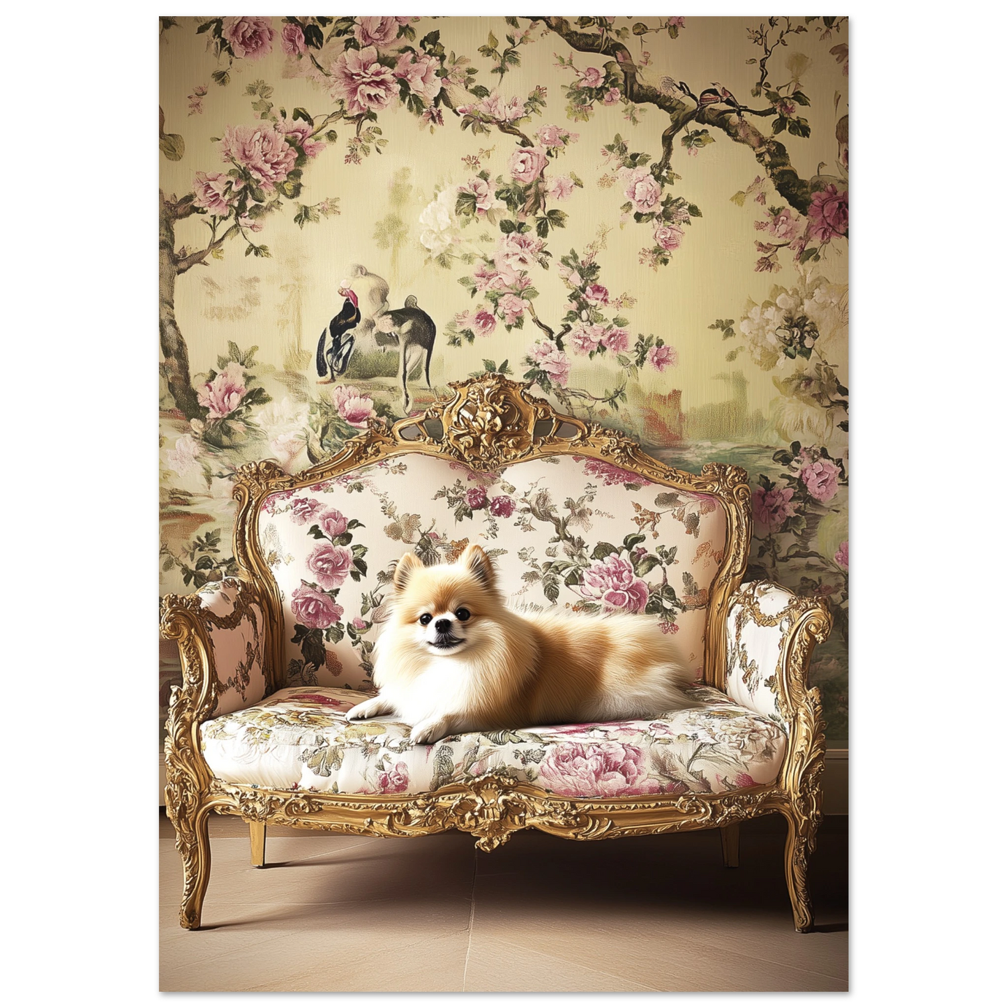 Art print of a cream Pomeranian resting on a gold baroque settee with a floral Chinoiserie wallpaper featuring birds and blossoms.