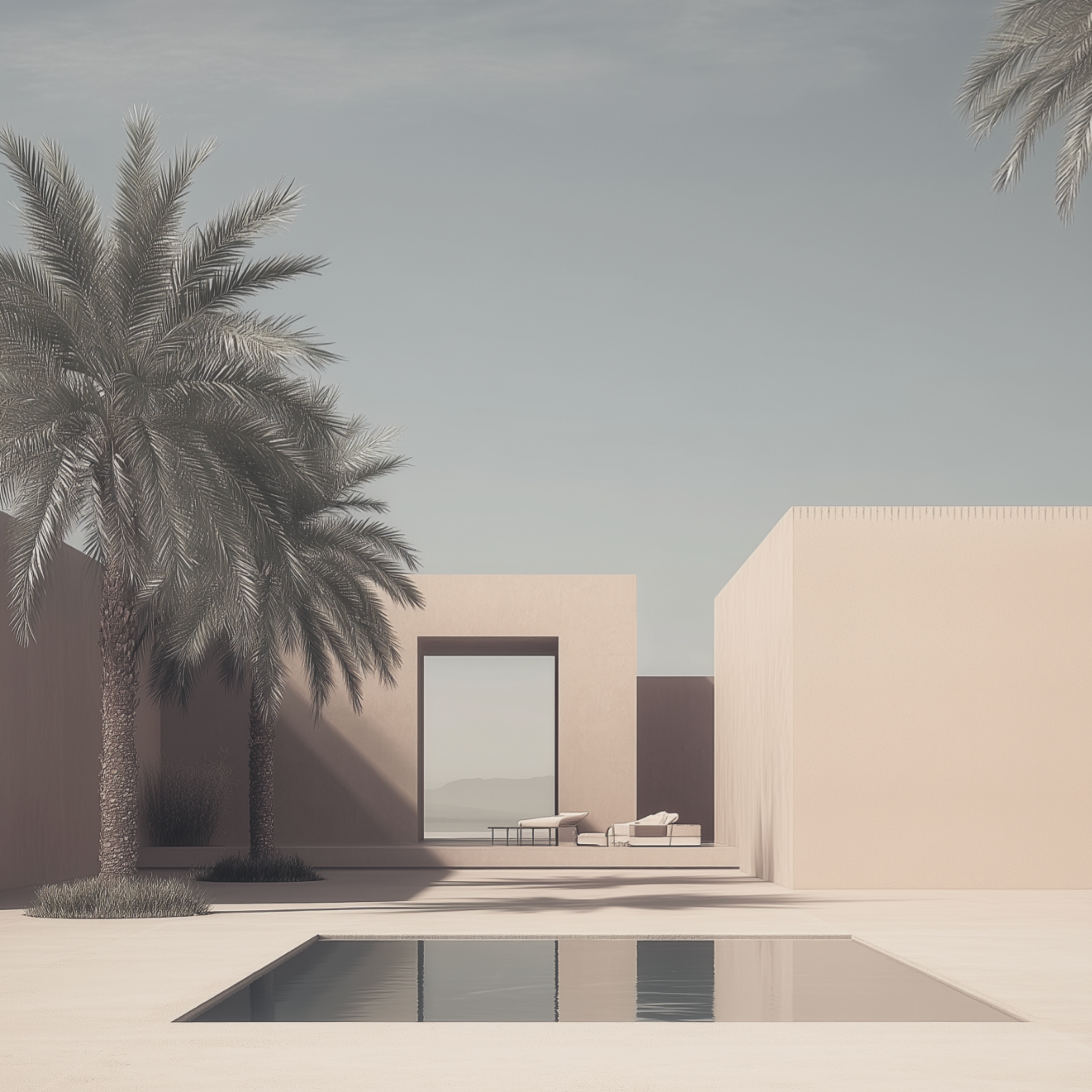 Collection Cover – Serene Modern Courtyard with Palm Trees, Pool, and Minimalist Architecture in Sandy Neutrals | by DREAMFORM