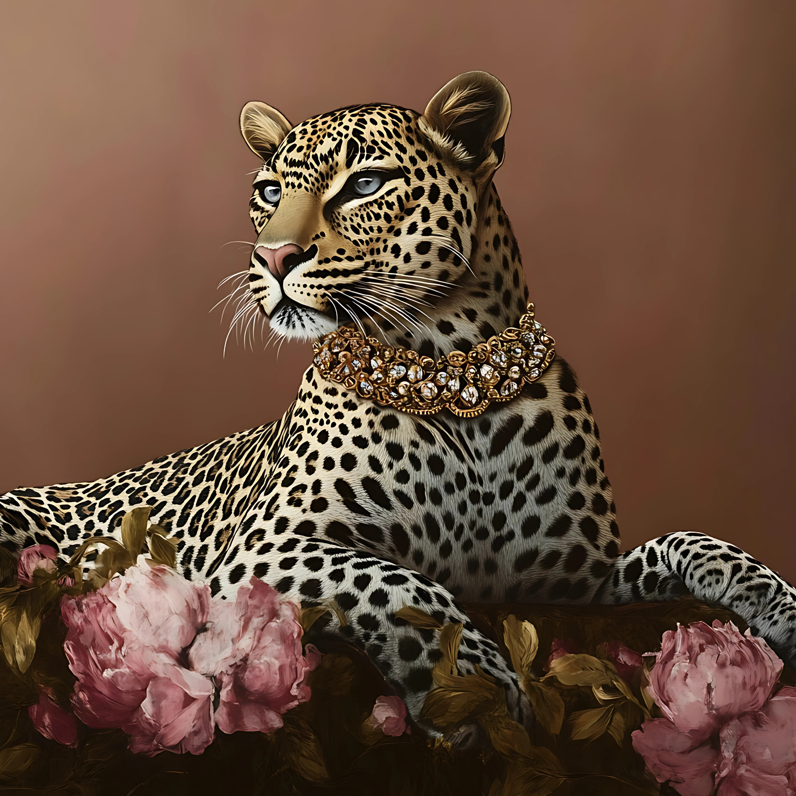 Collection Cover – Elegant Leopard with Gold Jewel Collar Surrounded by Peonies on Warm Brown Backdrop | by DREAMFORM