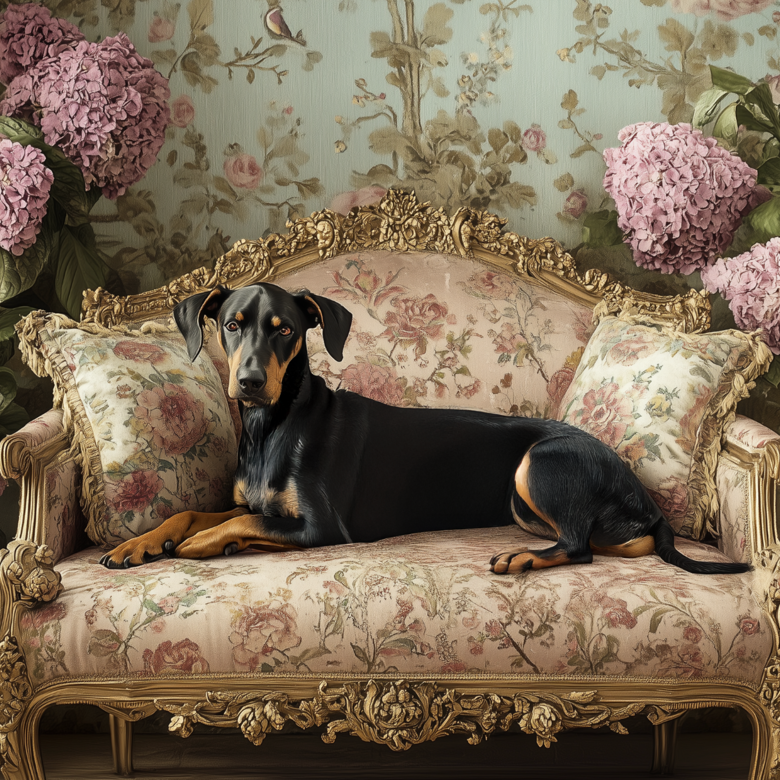 Collection Cover – Black and Tan Dog Resting on Ornate Floral Sofa with Vintage Wallpaper and Hydrangeas | by DREAMFORM