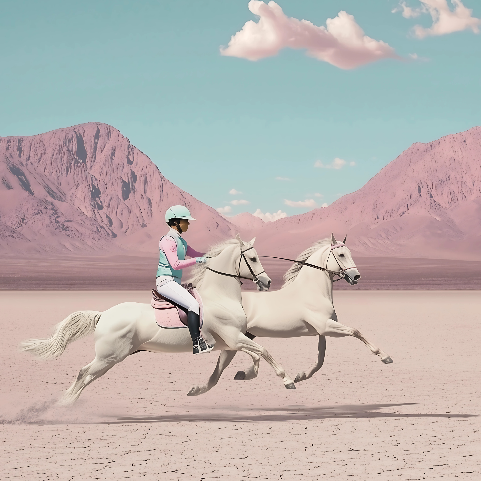 Collection Cover – Equestrian Rider Leading Two White Horses Across Surreal Pink Desert Landscape | by DREAMFORM
