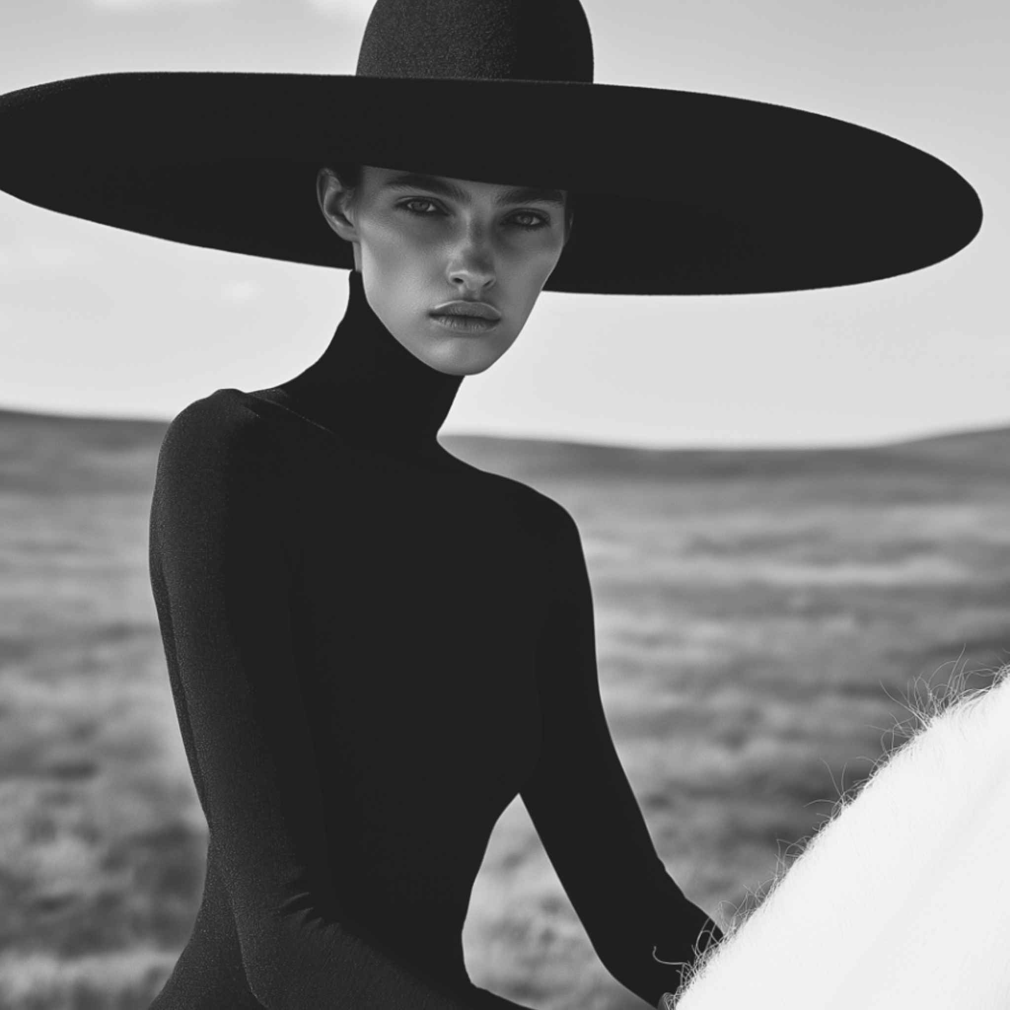 Collection Cover – Woman in Wide Black Hat and Dress on White Horse in Monochrome Landscape | by DREAMFORM