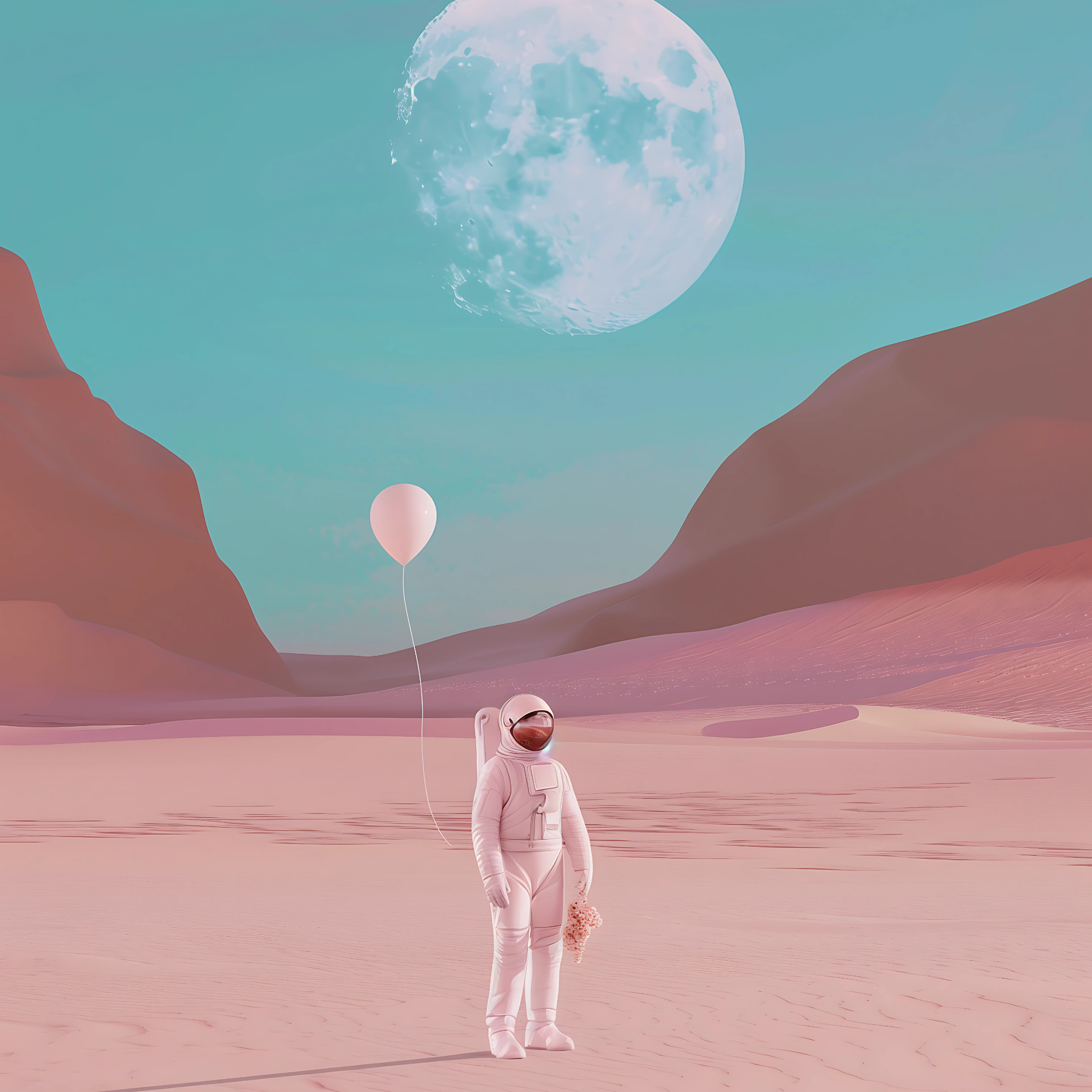 Collection Cover – Astronaut Holding Balloon and Flowers in Dreamy Pink Desert Under Giant Moon | by DREAMFORM