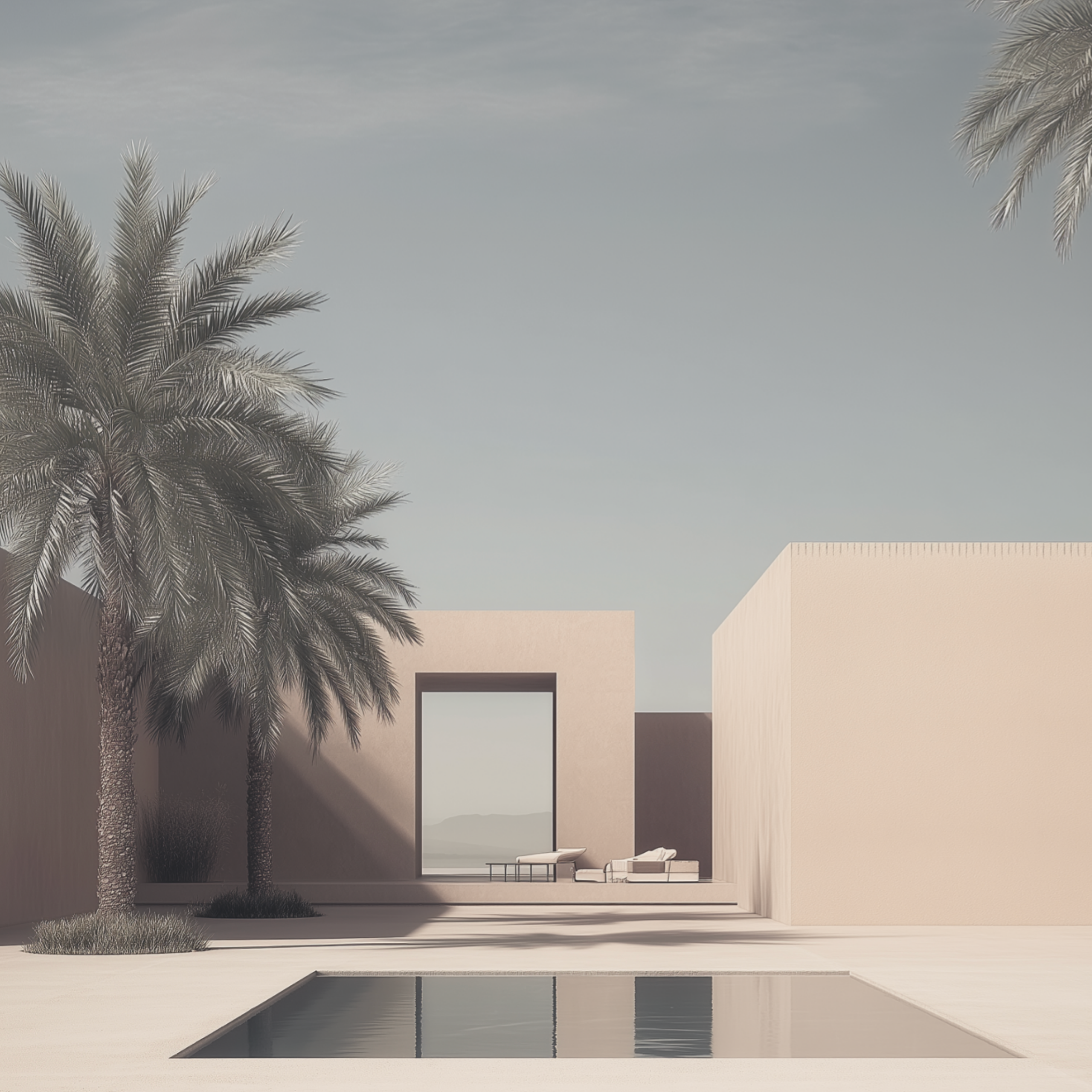 Collection Cover – Modern Poolside Architecture with Palm Trees in Soft Earthy Neutrals and Minimalist Design | by DREAMFORM