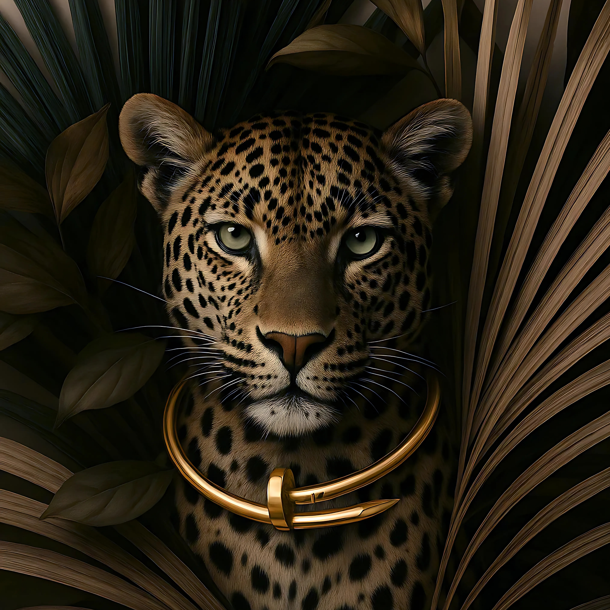 Collection Cover – Leopard Wearing Sculptural Gold Necklace Surrounded by Moody Botanical Foliage | by DREAMFORM