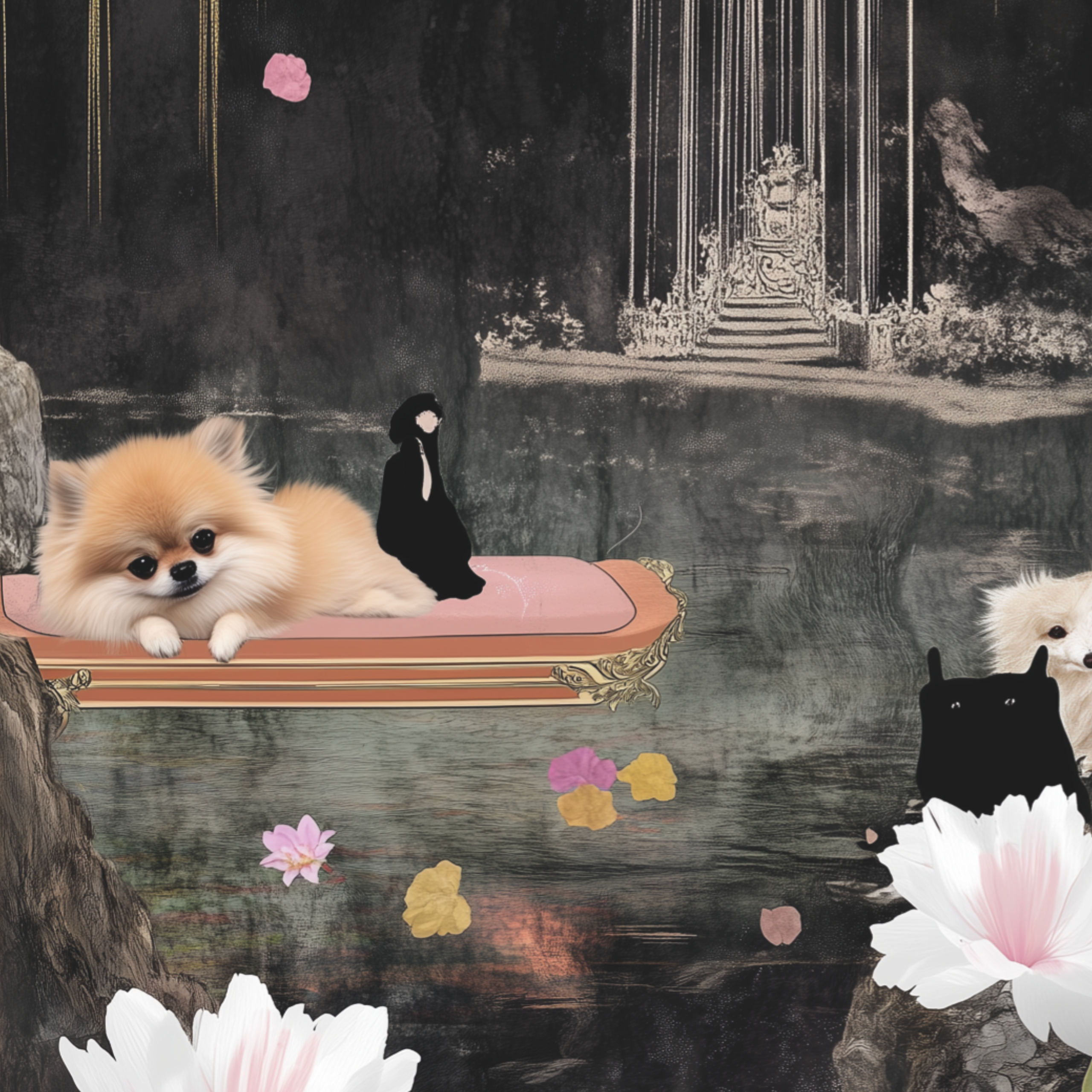 Collection Cover – Fantasy Pomeranian on Floating Bed with Dark Garden Backdrop | by DREAMFORM
