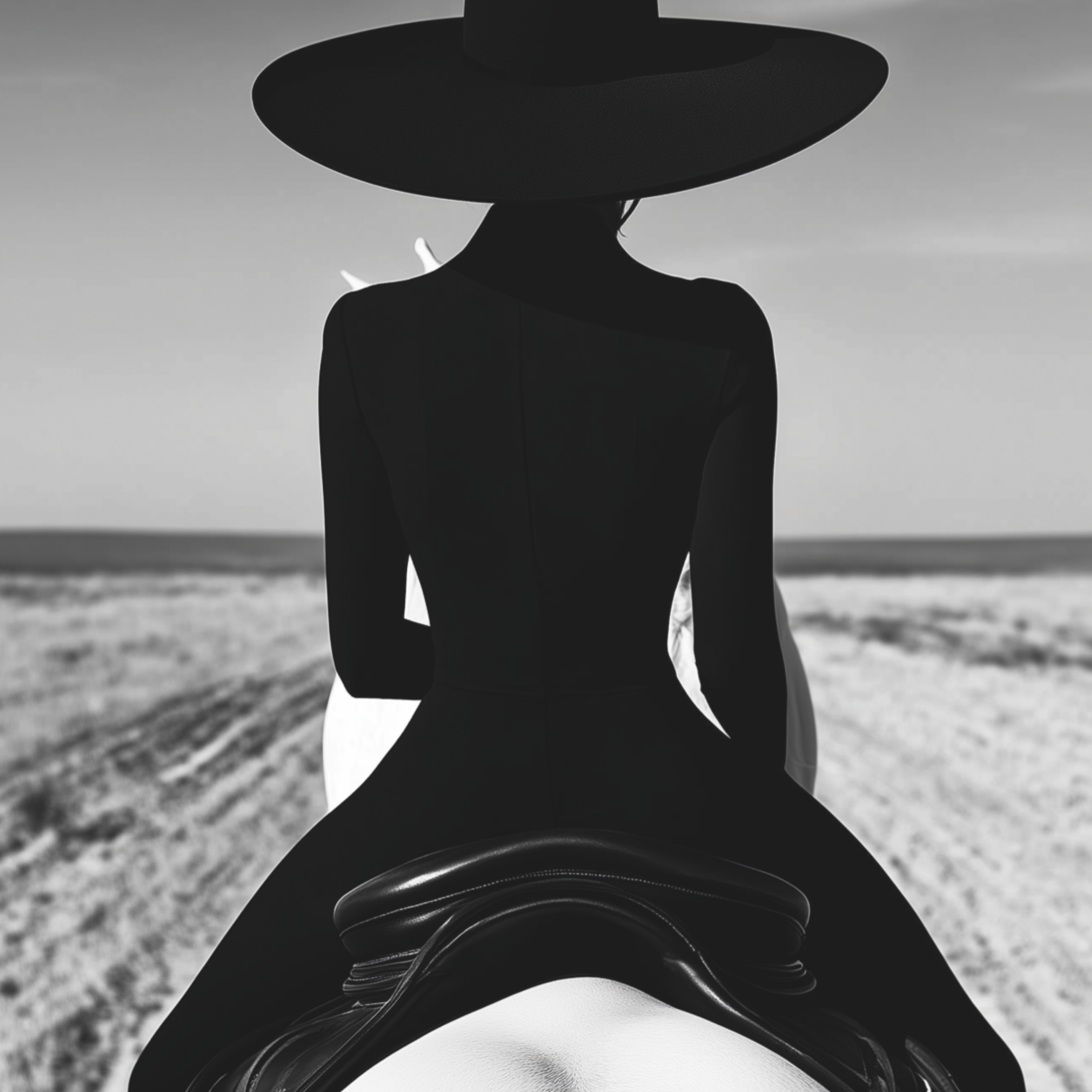 Collection Cover – Woman in Black Dress and Wide Hat Riding White Horse Across Minimalist Landscape in Black and White | by DREAMFORM