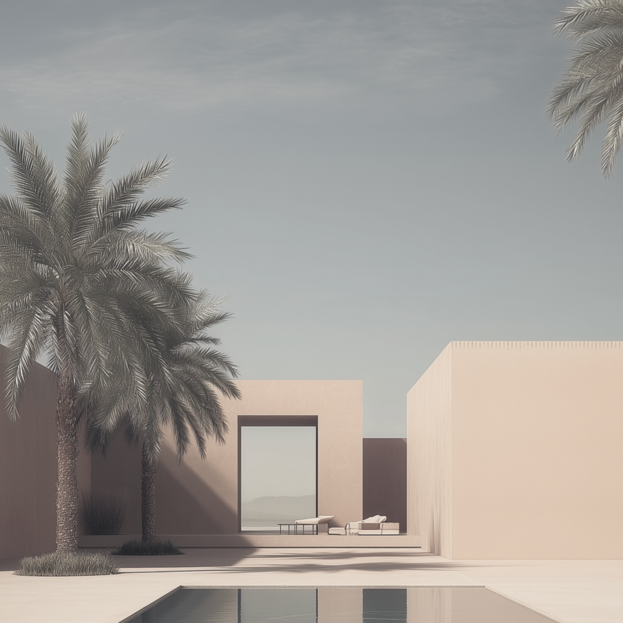 Collection Cover – Modern Desert-Inspired Courtyard with Palm Trees, Pool, and Minimalist Beige Architecture | by DREAMFORM