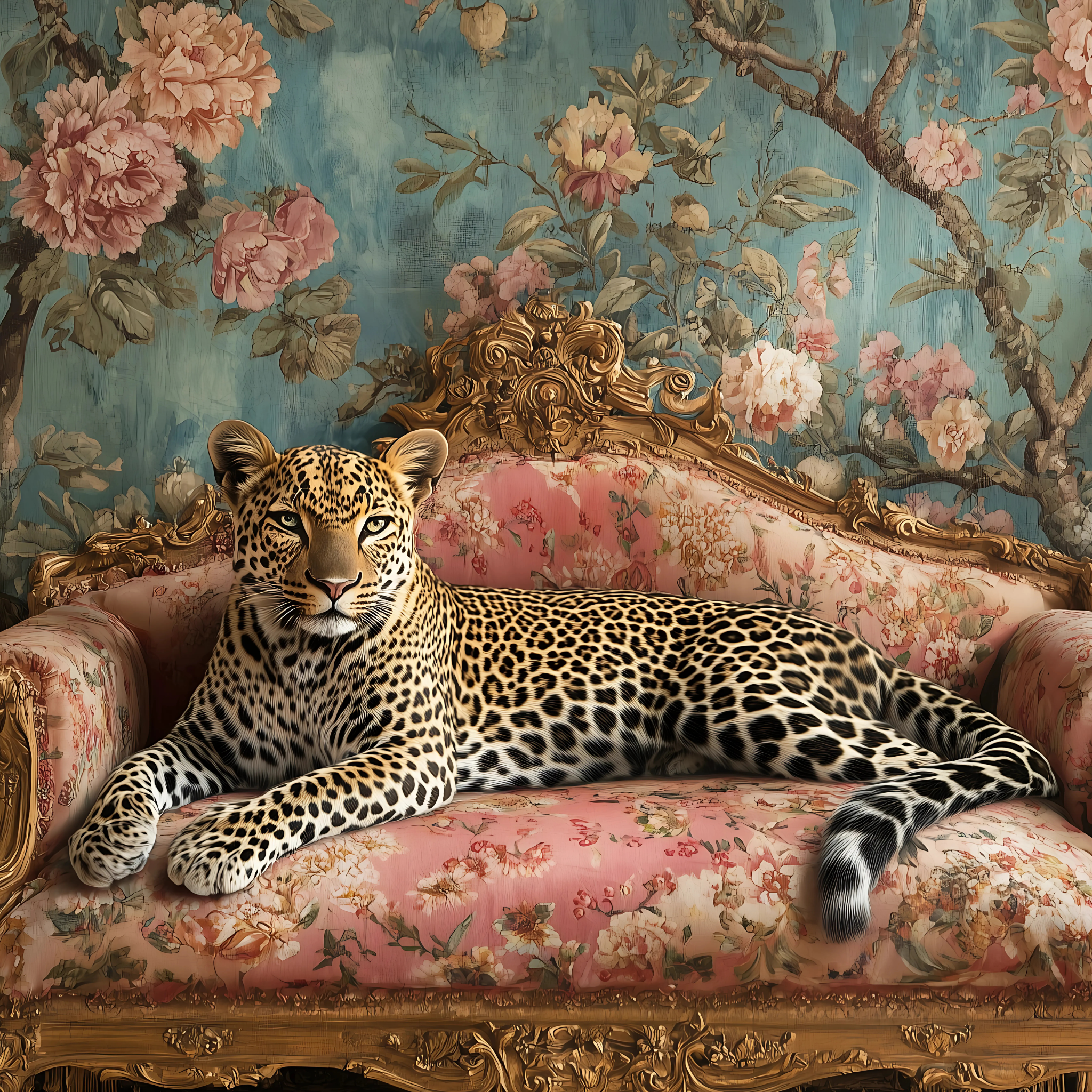 Collection Cover – Leopard on Ornate Floral Sofa with Vintage Botanical Wallpaper in Regal Setting | by DREAMFORM