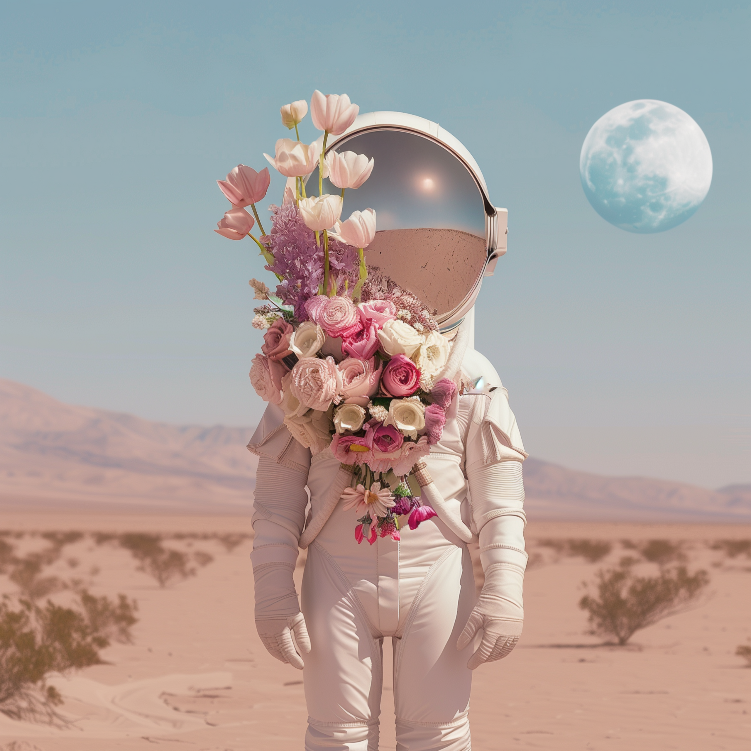 Collection Cover – Astronaut Holding Pastel Flower Bouquet in Dreamy Desert Under Blue Sky and Moon | by DREAMFORM