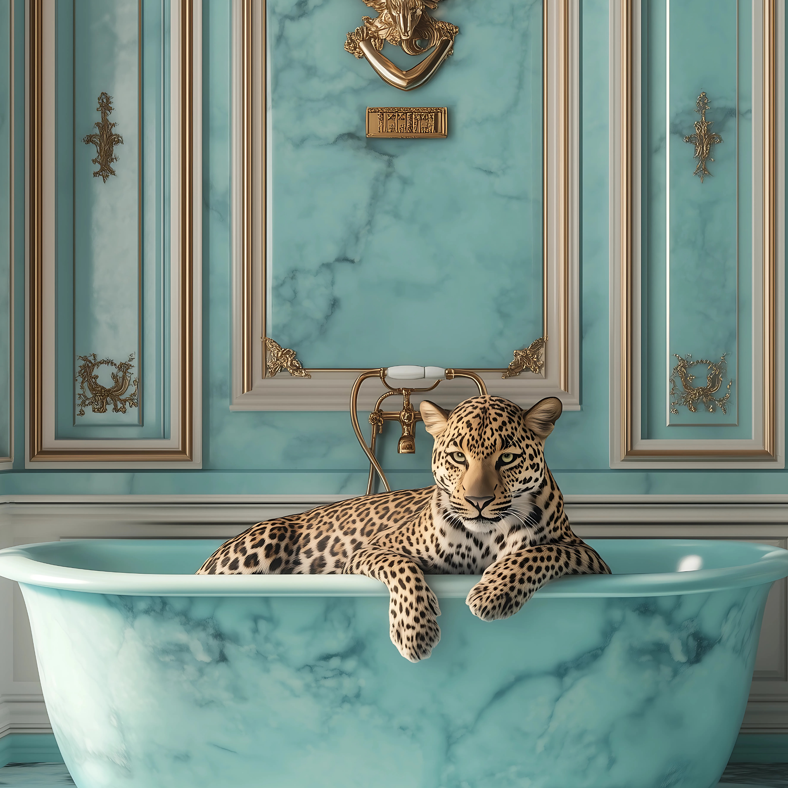 Leopard Wall Art Poster – Royal Soak in Turquoise Marble Bath“