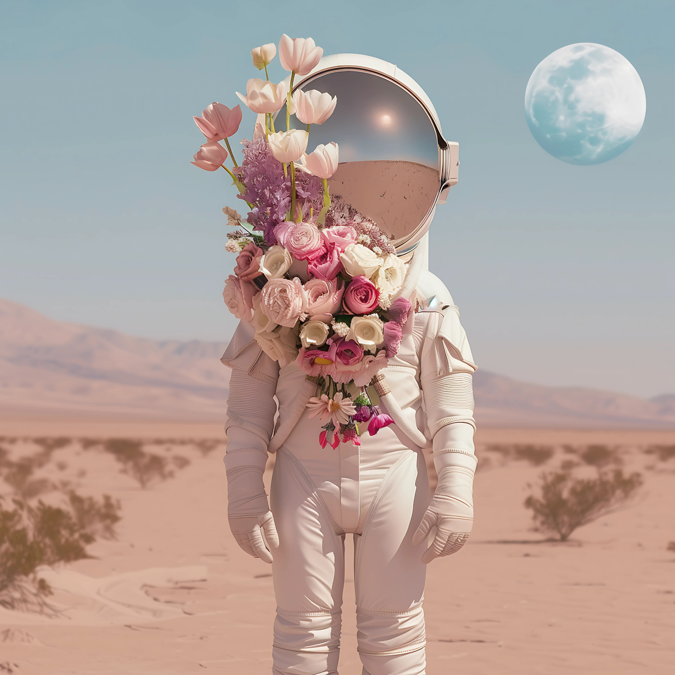 Cosmic Bloom Collection Cover – Astronaut Holding Flowers in Surreal Desert Scene | Viral Pick by DREAMFORM