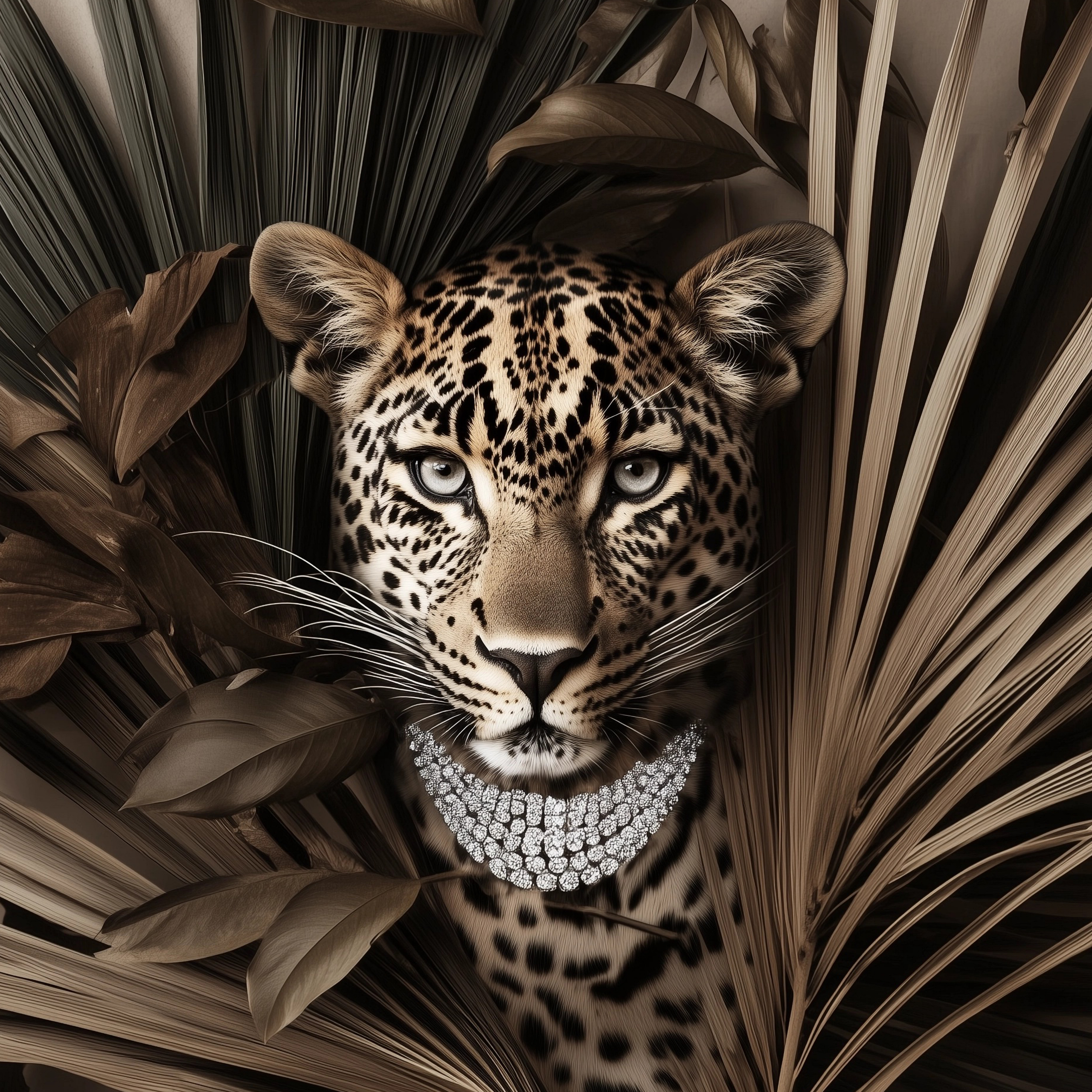 Collection Cover – Glamorous Leopard Wearing Diamond Necklace Surrounded by Warm-Toned Tropical Leaves | by DREAMFORM