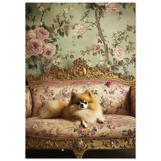 Elegant art print of a fluffy Pomeranian reclining on a golden Rococo sofa with pink floral upholstery, framed by vintage rose-patterned wallpaper.