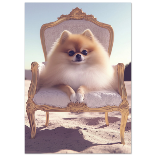 Art print of a fluffy cream-colored Pomeranian sitting upright in an ornate golden chair placed in a sunlit desert, blending surreal elegance and luxury pet portraiture.