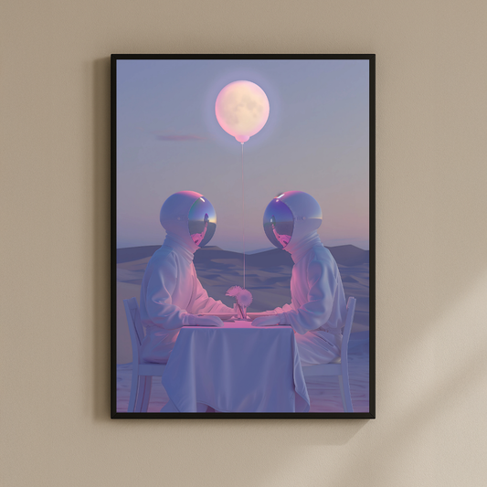 Starlit Encounter – Astronaut Lovers in Soft Neon Light