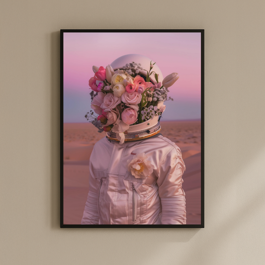 Stardust Garden – Astronaut with Flowers at Sunset