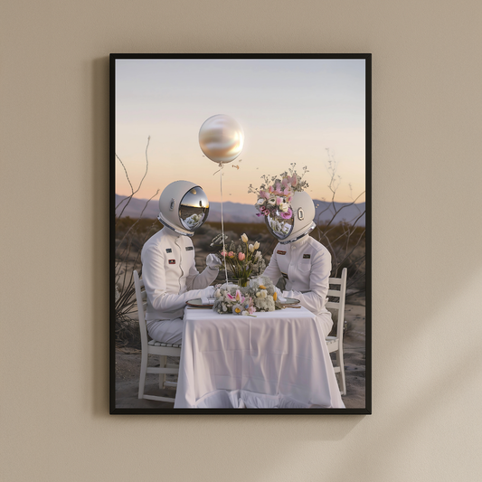 Lunar Dinner Date – Astronaut Couple with Flowers and Balloon