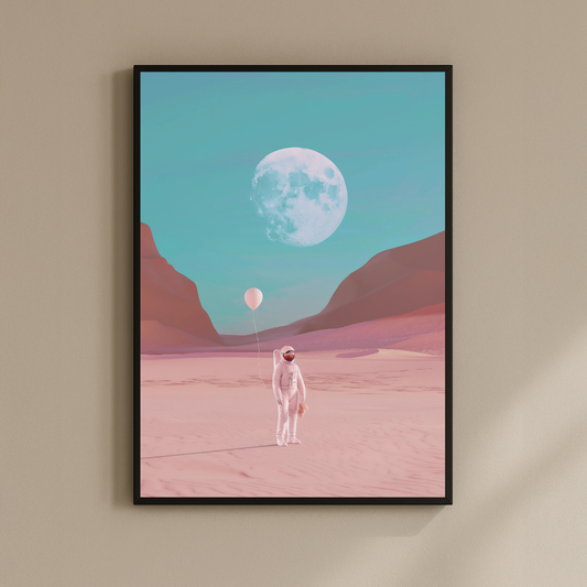 Lunar Drift – Astronaut Under Balloon and Blue Moon
