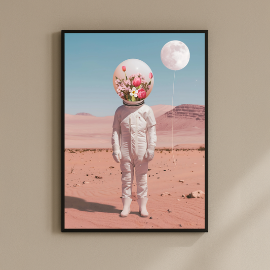 Lunar Bloomchild – Astronaut with Flowers and Floating Moon