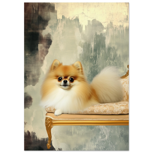 Elegant wall art of a fluffy Pomeranian seated on a golden Rococo settee with a vintage painterly backdrop — perfect for classical and romantic decor themes.