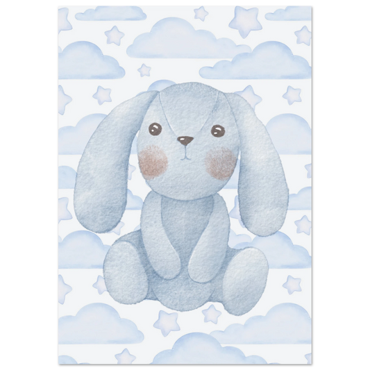 Watercolor illustration of a soft blue bunny with long ears sitting among fluffy clouds and stars in pastel blue tones – peaceful nursery wall art for kids and babies