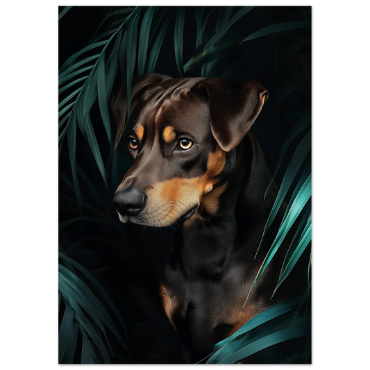 Fine art print of a black and tan dog emerging from dark jungle foliage, showcasing sharp detail and a dramatic mood — ideal for modern home decor.