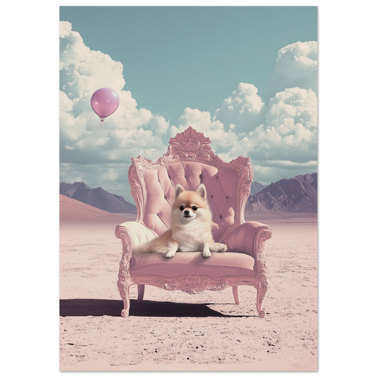 Whimsical wall art print of a cream Pomeranian sitting on an ornate blush throne in a pastel desert with a balloon and distant mountains.