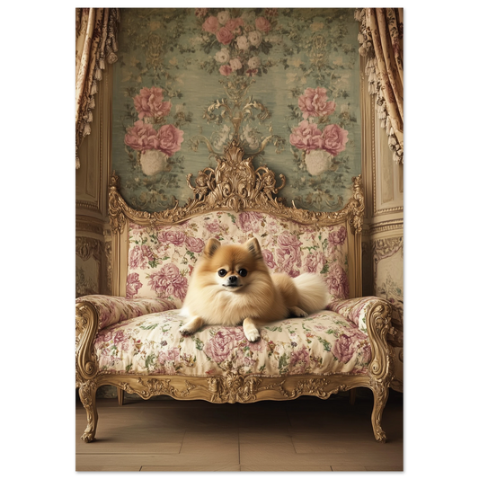 Elegant fine art print of a fluffy cream Pomeranian lounging on an ornate baroque rose-patterned sofa, set against a pastel floral vintage wall backdrop.