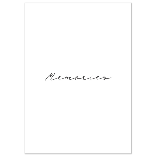 Minimalist white wall art print with the word “Memories” written in elegant black cursive script, centered on a clean background.