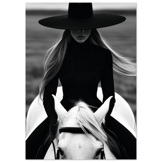 Black and white portrait of a mysterious woman in a wide-brimmed hat and black attire riding a white horse, blending equestrian grace with fashion minimalism.