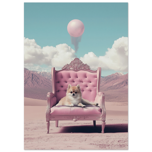 Art print of a cream Pomeranian reclining on a pink tufted throne in a pastel desert with a floating orb in the sky.