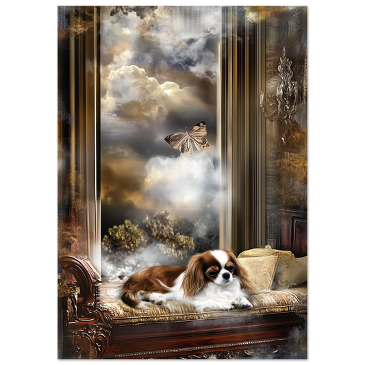 Surreal dog art print featuring a Cavalier King Charles Spaniel resting on a vintage lounge with a butterfly in a golden cloudy sky behind a tall window.