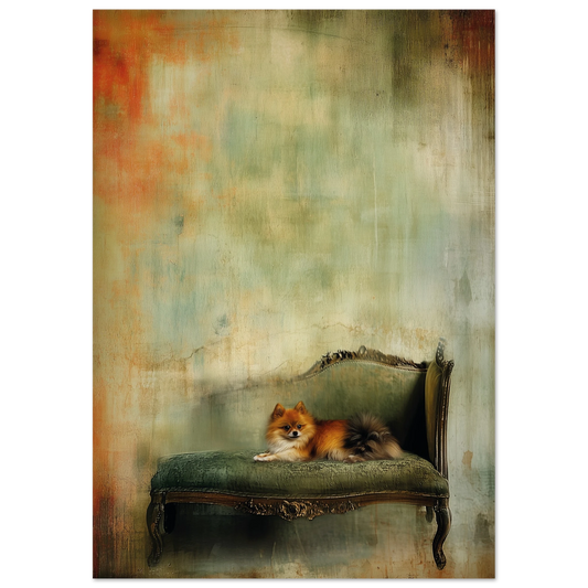 Elegant wall art print of a sable Pomeranian reclining on a vintage green Baroque settee, with a painterly muted background of sage and burnt tones.