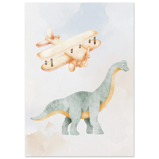 Watercolor wall art featuring a gentle long-necked dinosaur and a vintage biplane in soft pastel tones – whimsical nursery decor for adventurous children’s rooms