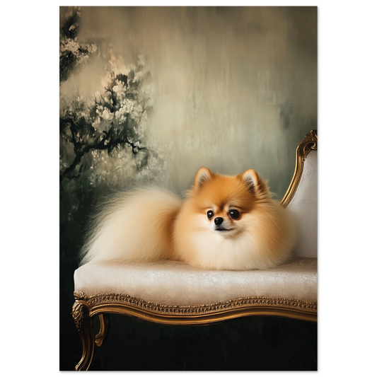 Luxury wall art print of a fluffy golden Pomeranian resting on a French Rococo chaise, with a soft classic backdrop—ideal for refined and romantic home decor.