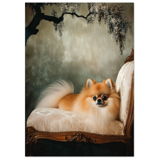 Fine art print of a fluffy Pomeranian lounging on an ornate antique chair, set against a moody twilight backdrop with hanging foliage — ideal for romantic and vintage-themed interiors.