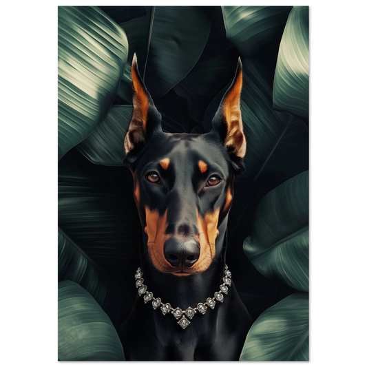Luxury Doberman wall art print featuring a regal black and tan dog with a diamond necklace, set against dark tropical foliage — ideal for modern interiors, dog lovers, and luxury home decor themes.