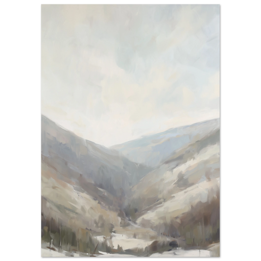 Impressionist landscape painting of a light serene valley with soft pale tones, minimal brushstrokes, and calming muted colors – perfect wall art for minimalist and Scandinavian interiors