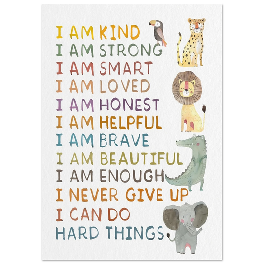 Watercolor affirmation poster for kids featuring jungle animals like a lion, elephant, crocodile, and toucan with colorful positive phrases such as I am strong and I am kind on a white background