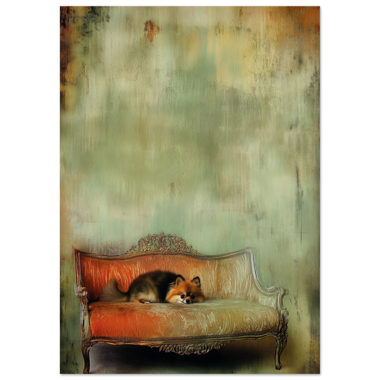 Sable Pomeranian lying on a worn Rococo-style settee in front of a distressed ochre-toned wall — perfect for vintage and nostalgic pet wall art collections.