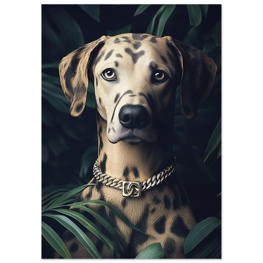 Stylized art print of a spotted dog wearing a diamond gold Cuban collar, posed against dark tropical jungle leaves—ideal for bold, modern interiors.