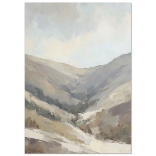 Soft impressionist landscape of a misty valley in muted pastels and cream tones with sweeping brushstrokes and overcast skies – peaceful wall art for modern minimalist interiors