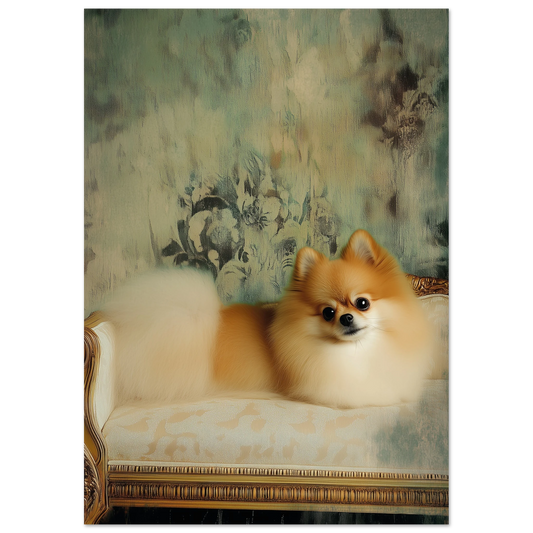 Pomeranian wall art print featuring a soft cream and tan dog reclining on an ivory Baroque settee, with a vintage teal floral background.

