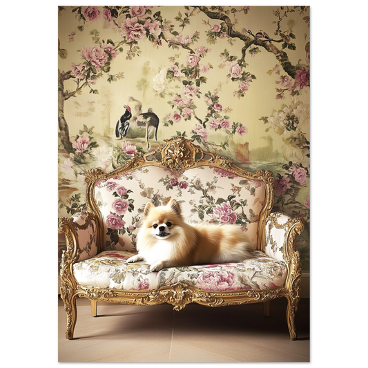 Art print of a cream Pomeranian resting on a gold baroque settee with a floral Chinoiserie wallpaper featuring birds and blossoms.