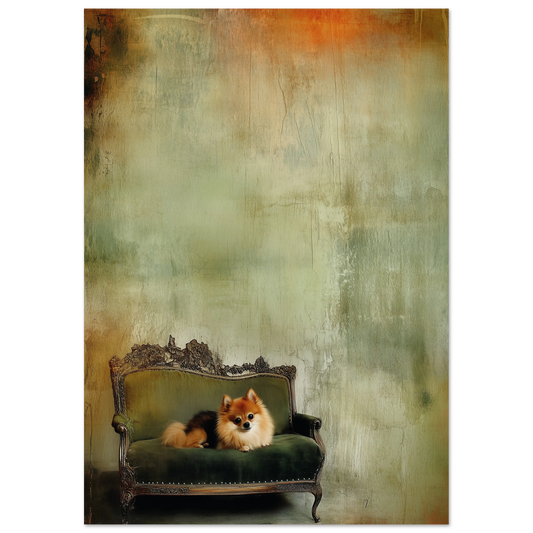 Pomeranian dog lounging on a vintage green velvet settee with a rustic, softly textured wall background — ideal for antique-inspired interior decor and luxury pet wall art.