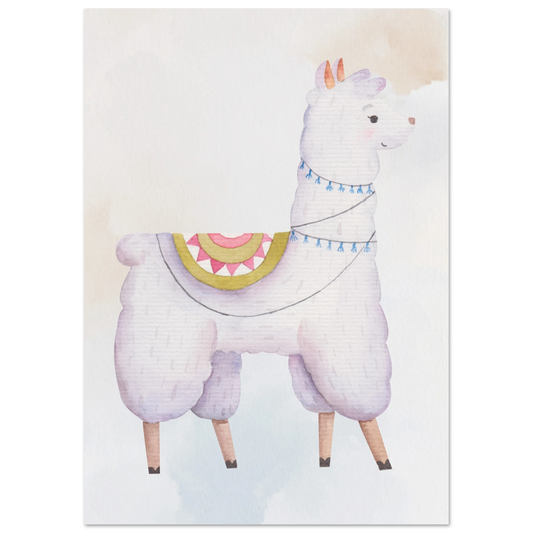 Watercolor illustration of a smiling white llama with a colorful blanket and tassel decorations on a soft pastel background – charming nursery and kids room decor