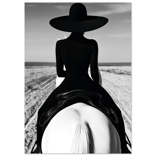 Black and white art print showing a woman in a sleek black dress and wide-brimmed hat riding a white horse along a sandy beach trail, photographed from behind.