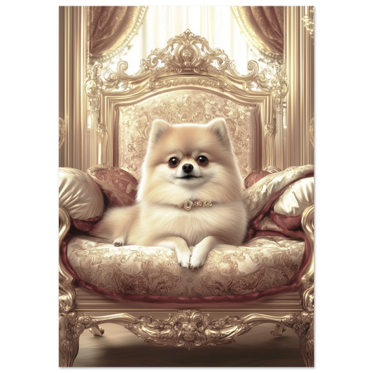 Fine art portrait of a cream Pomeranian seated regally on a gold baroque armchair in a lavish interior—perfect for elegant, dog-themed home decor.