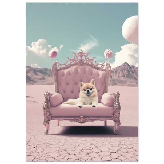 Whimsical art print of a cream Pomeranian sitting on a pink Rococo loveseat with floating balloons in a pastel desert setting.
